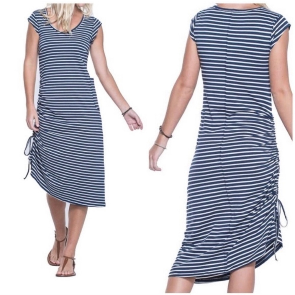 Toad&Co Navy and White Striped Midi Dress